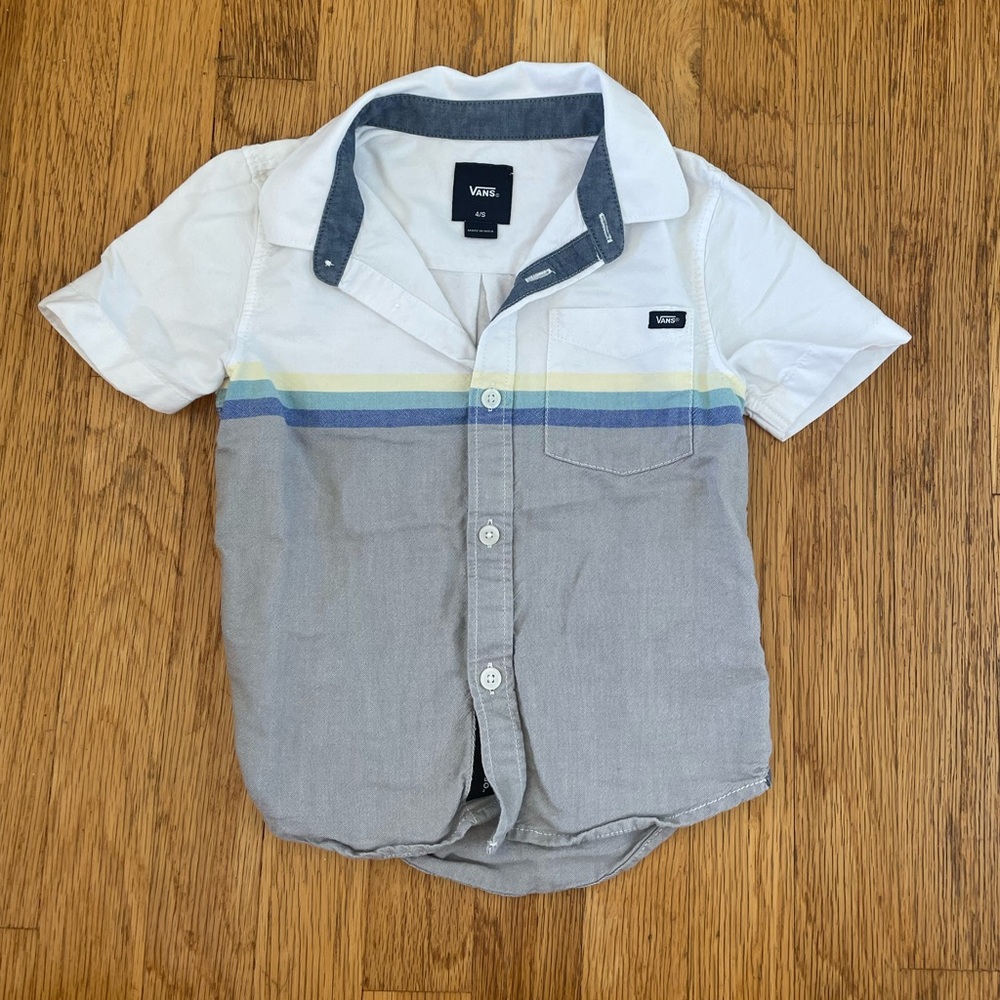 Vans Boys White and Gray Short Sleeve Button-Up Polo with Pastel Stripes